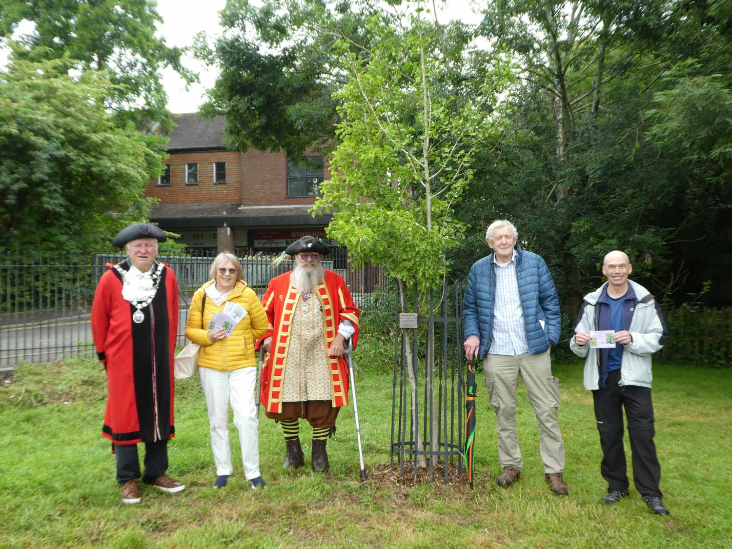 L-R: Mayor of Wimborne Minster Cllr Jeff Hart, Linda Bunting (chairperson, Planet Wimborne), Town Crier Cllr Chris Brown, Cllr Bill Richmond, Neil Smith (trustee, Planet Wimborne) with the ginkgo tree planted on Willow Walk