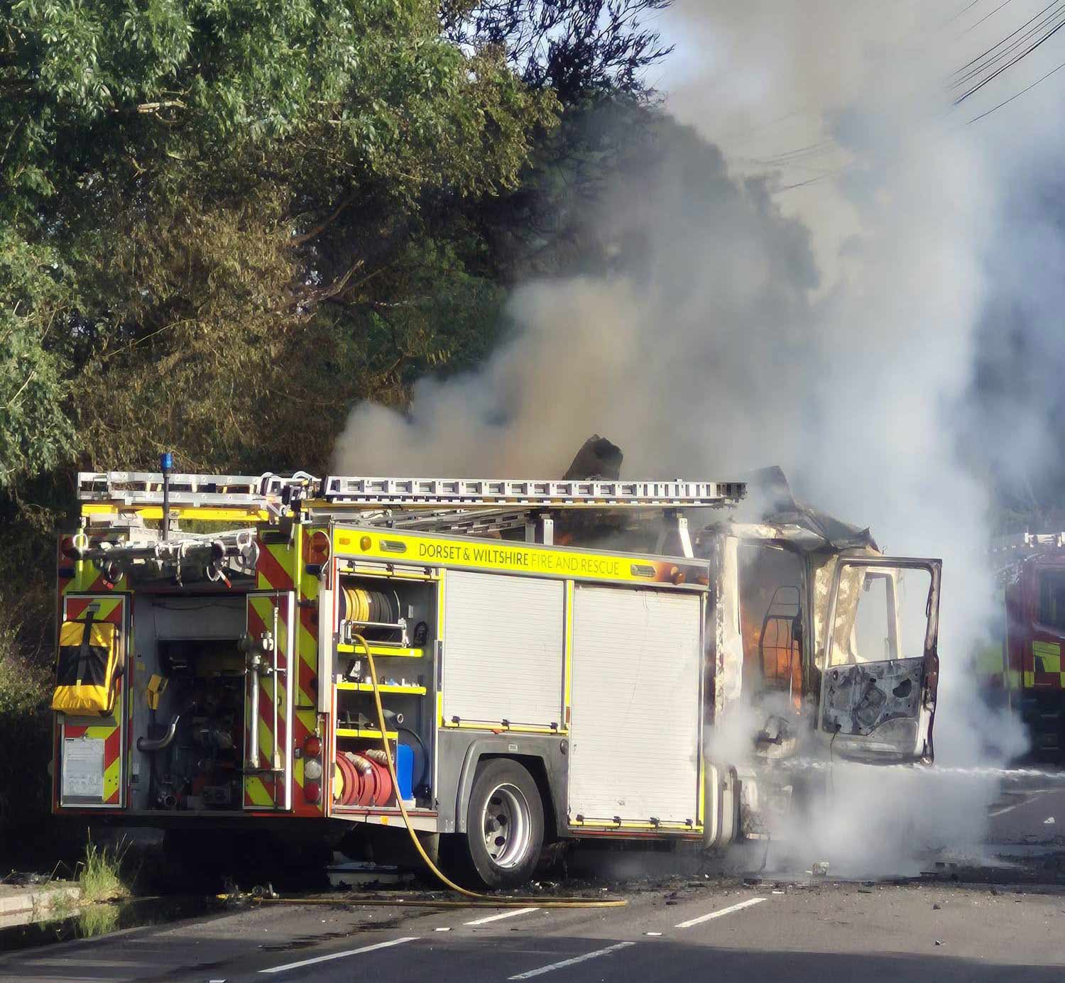 The engine on fire at Charlton Marshall © Dorset & Wiltshire Fire and Rescue Service