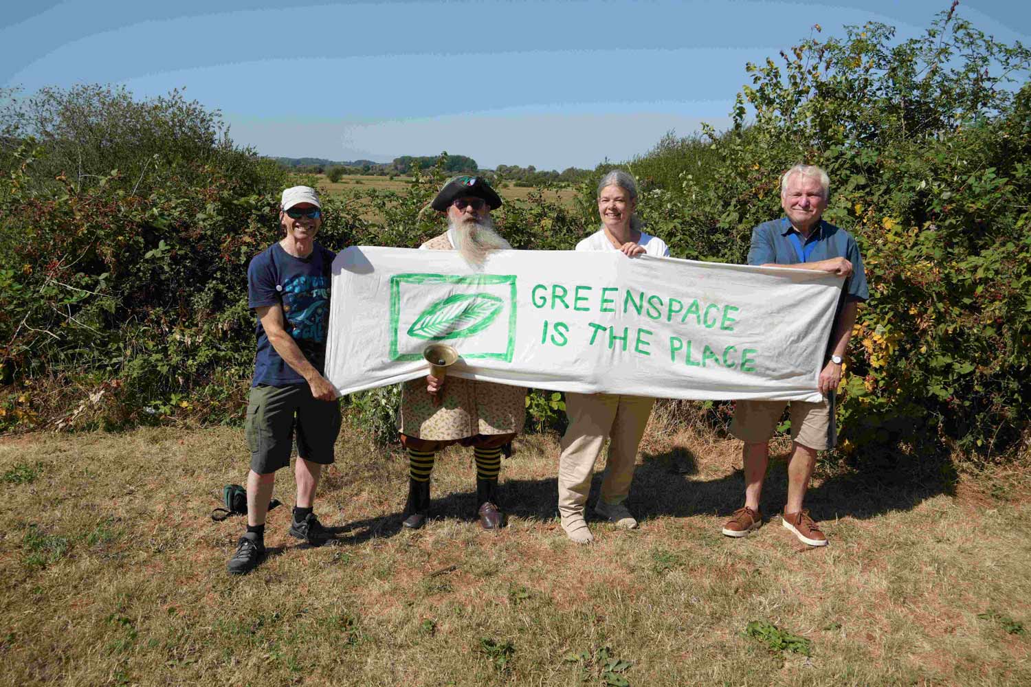 Launch of the Wimborne Greenspace Trail L-R Neil Smith from Planet Wimborne Town Crier Chris Brown, Lynn Davy of Wimborne Contemporary Arts and Mayor of Wimborne Jeff Hart. Photo by Planet Wimborne