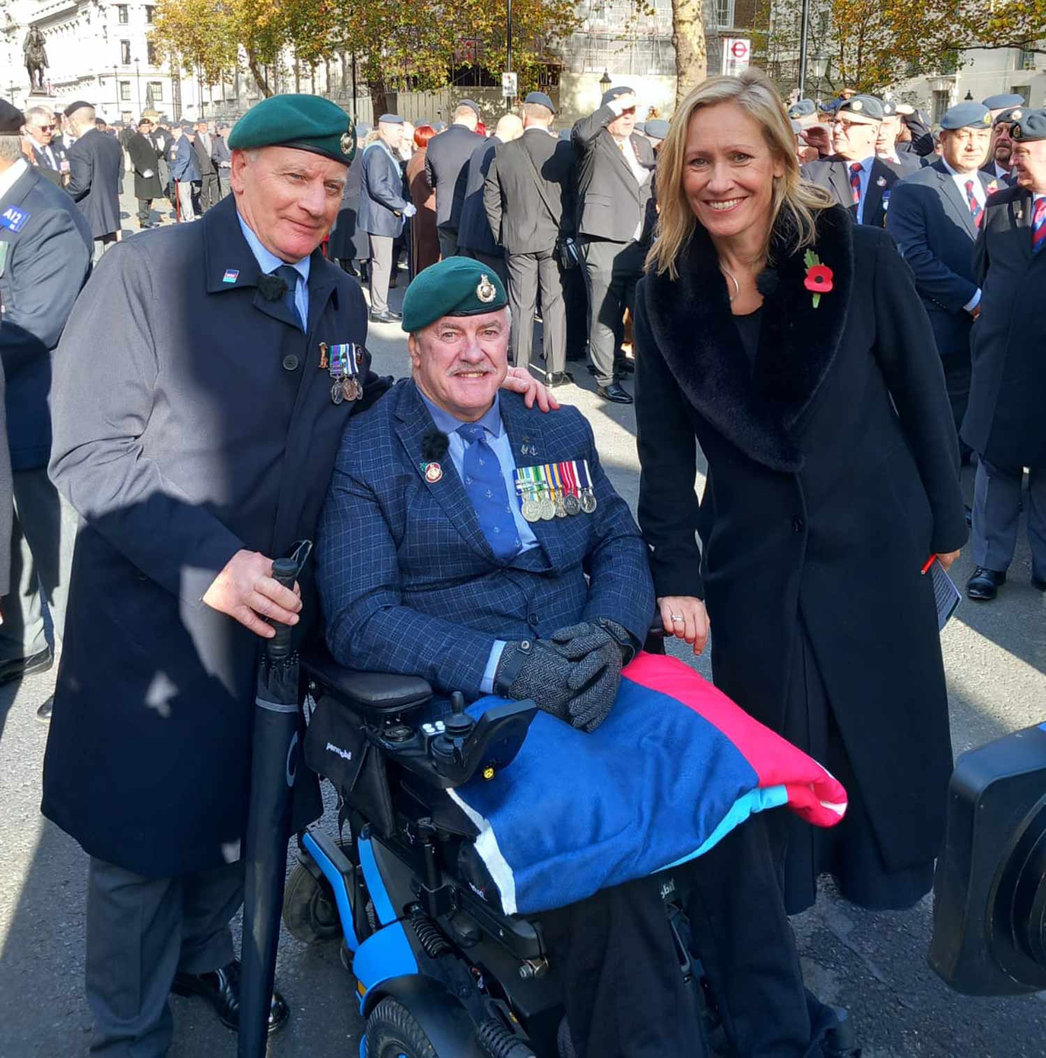 L-R Royston Wright and Chris Brogan with BBC’s Sophie Raworth at the Cenotaph 2025